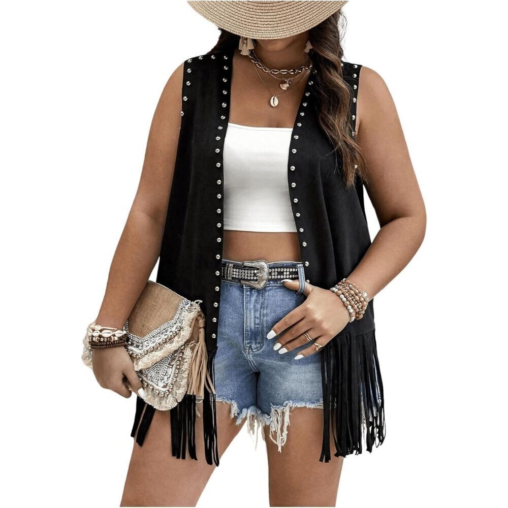 Women's Plus Size Faux Suede Fringe Vest Sleeveless Cowgirl Outfits
